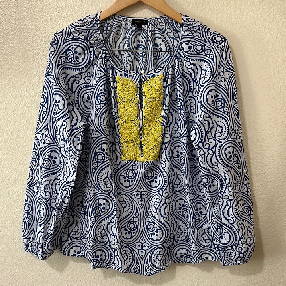 Talbots White and Blue Long Sleeve Embellished Blouse